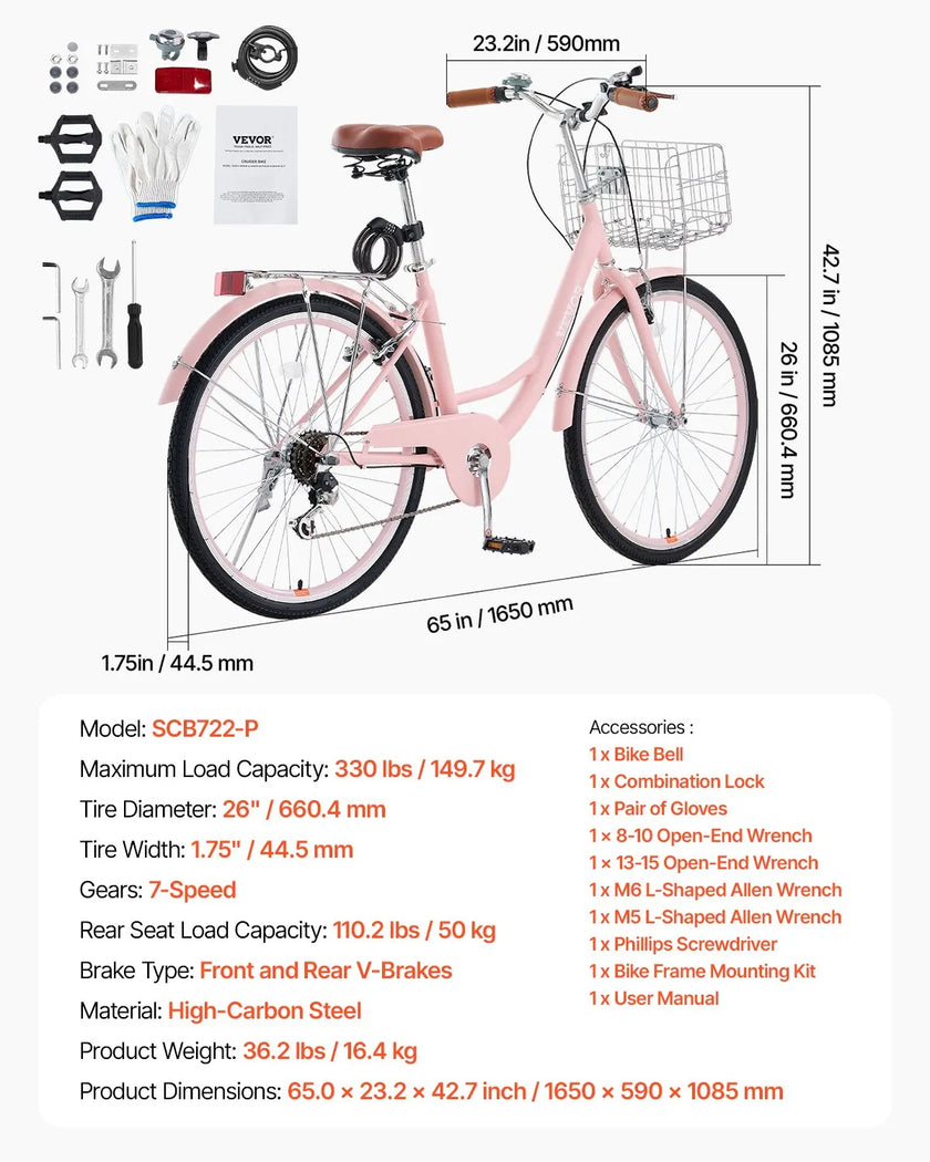 VEVOR 26-Inch Cruiser Bike 7-Speed Pink Beach Cruiser Bike with Basket