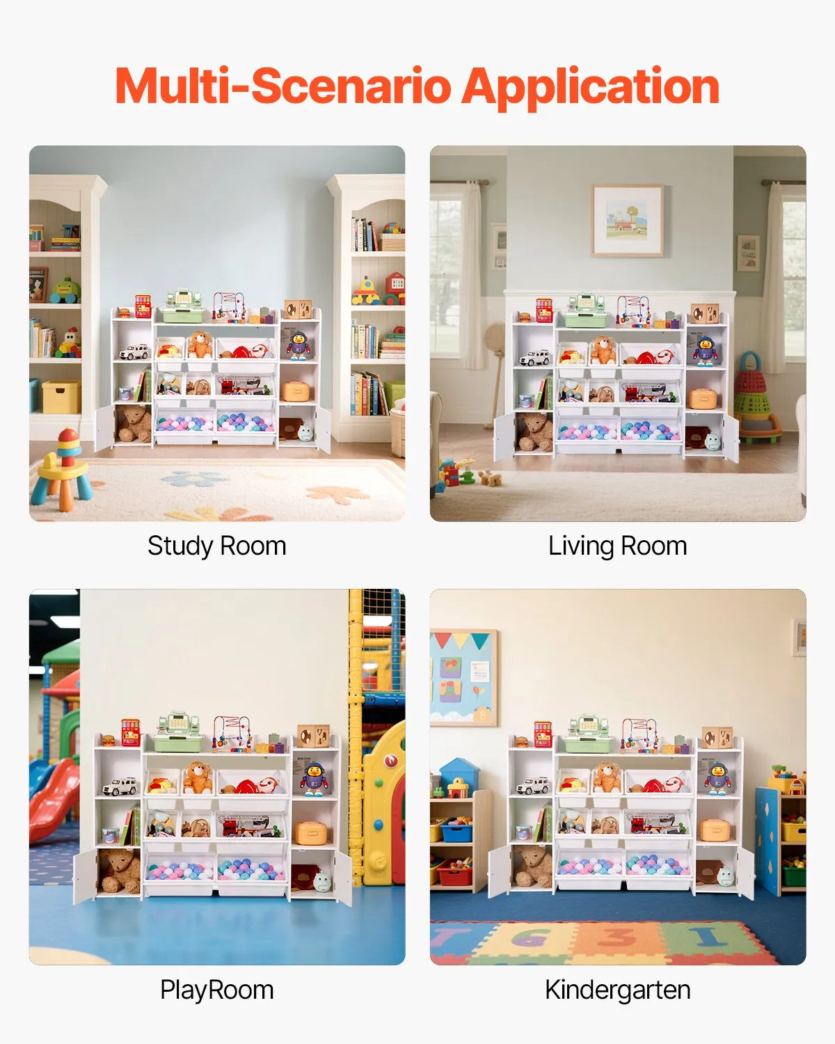 VEVOR 4-Tier Large Kids Toy Storage and Bookshelf with 8 Plastic Bins White