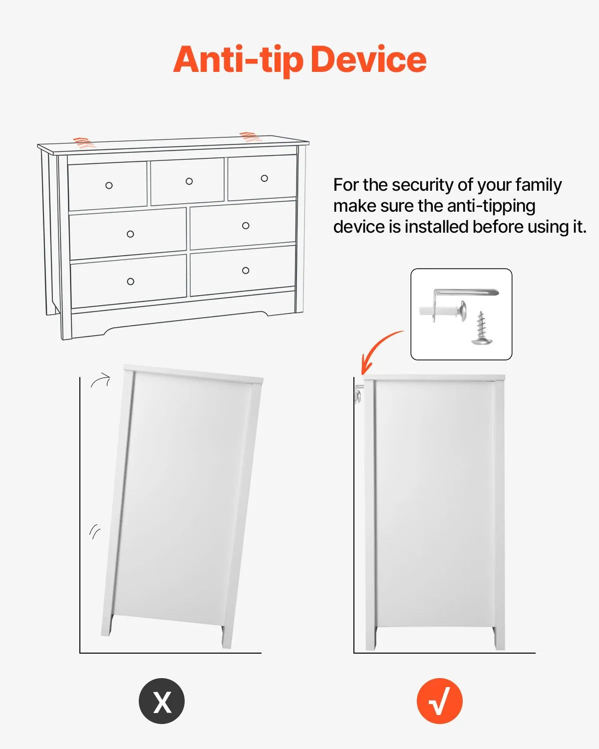 VEVOR 7 Drawer Dresser Wooden Chest of Drawers with Sliding with Anti-tip Device