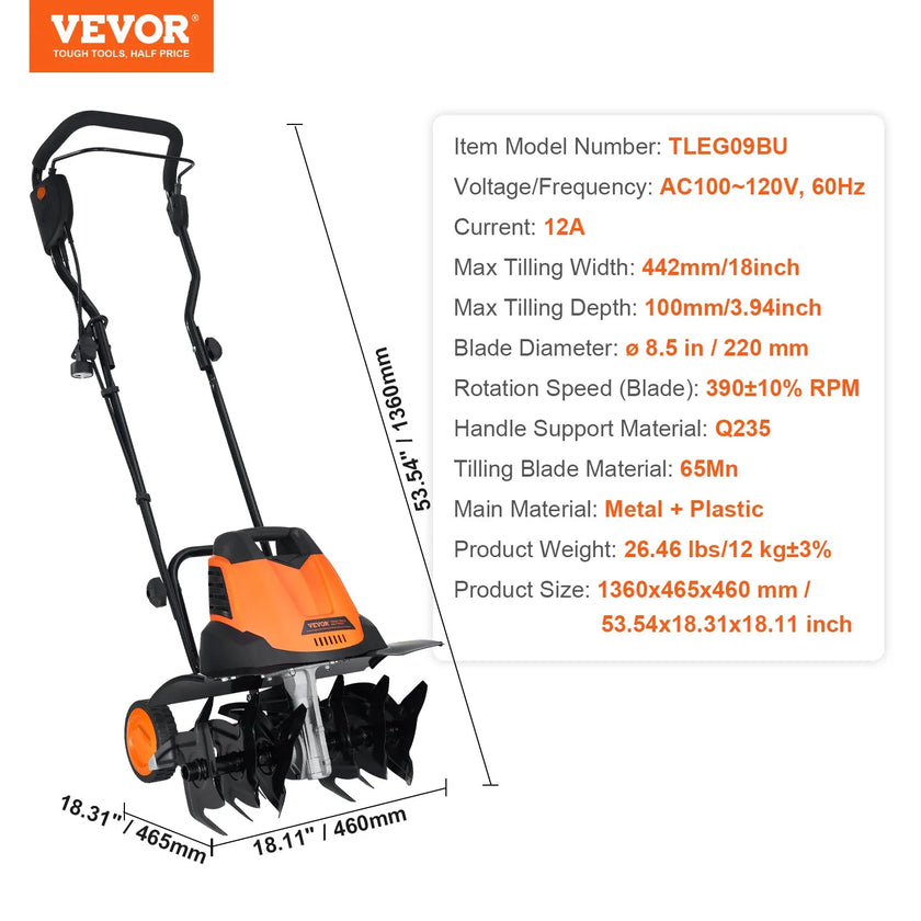 VEVOR 12 Amp Electric Tiller, 18