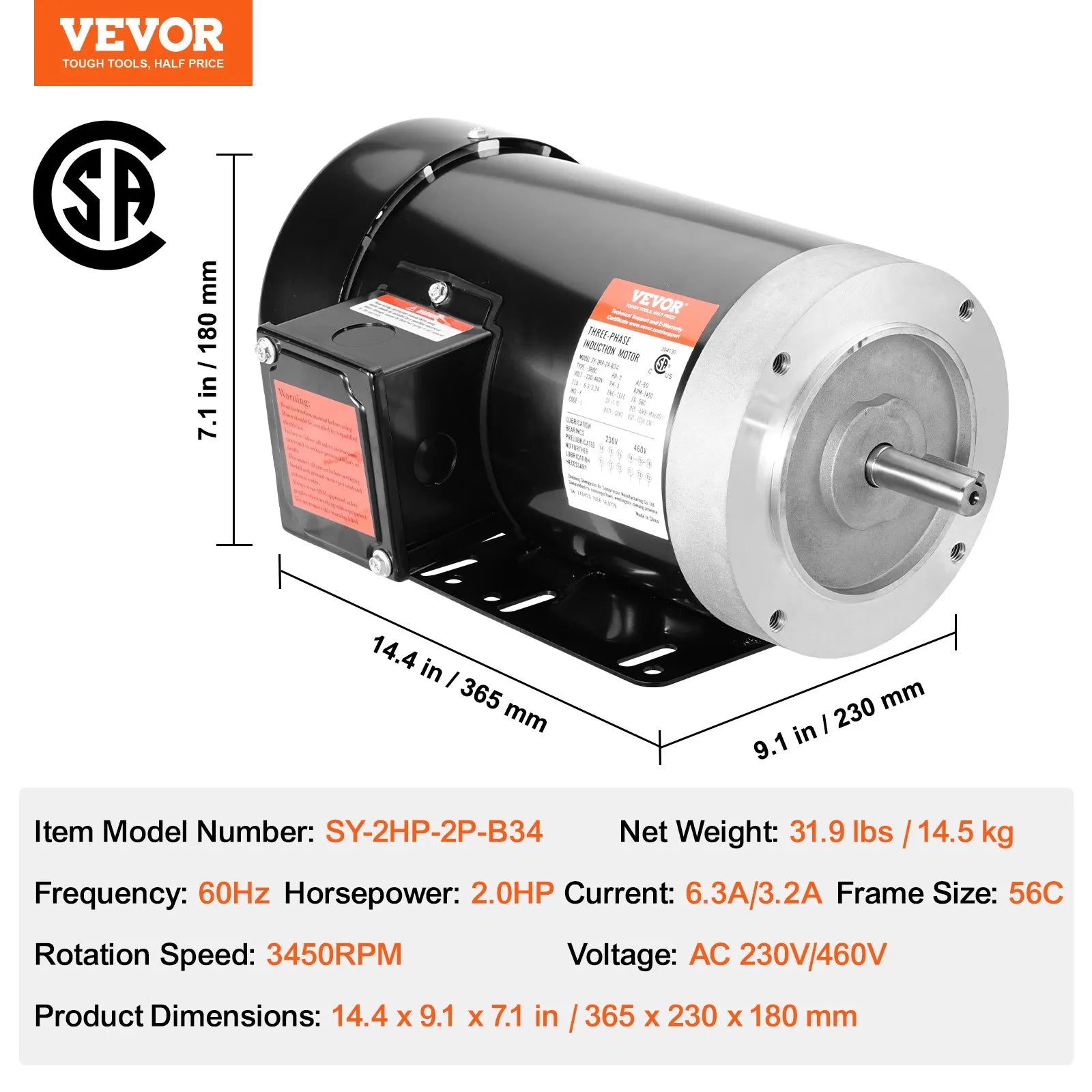 VEVOR 2HP Electric Motor 3450RPM AC230V/460V 56C Frame 3-Phase 5/8