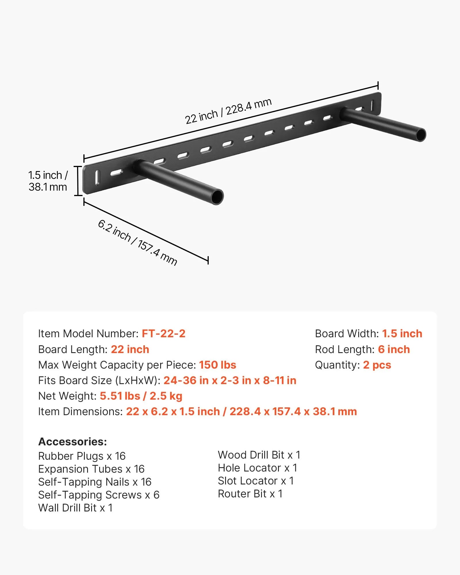 VEVOR 2 Pcs Shelf Bracket 22 inch / 558.4 mm Heavy Duty Floating Shelf Brackets