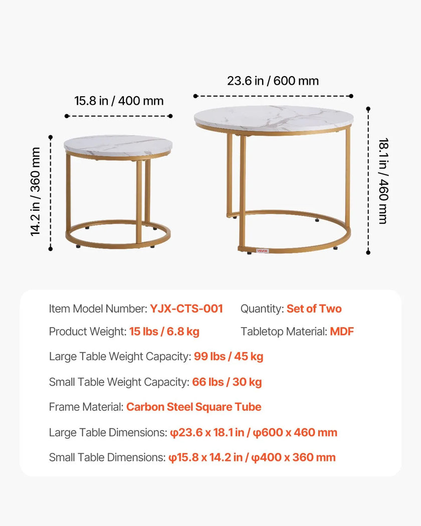 VEVOR Nesting Coffee Table Set of 2 Round Coffee Table 23.6 in (White & Gold)
