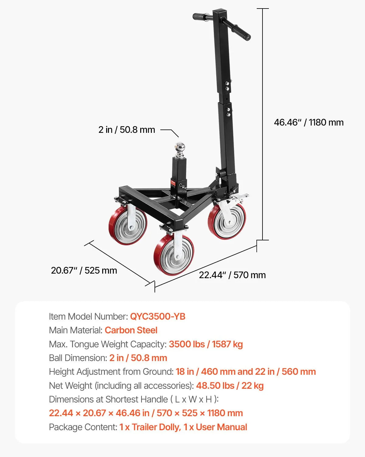 Trailer Dolly 3500lbs Tongue Weight Capacity 18 and 22 inch Height Adjustable