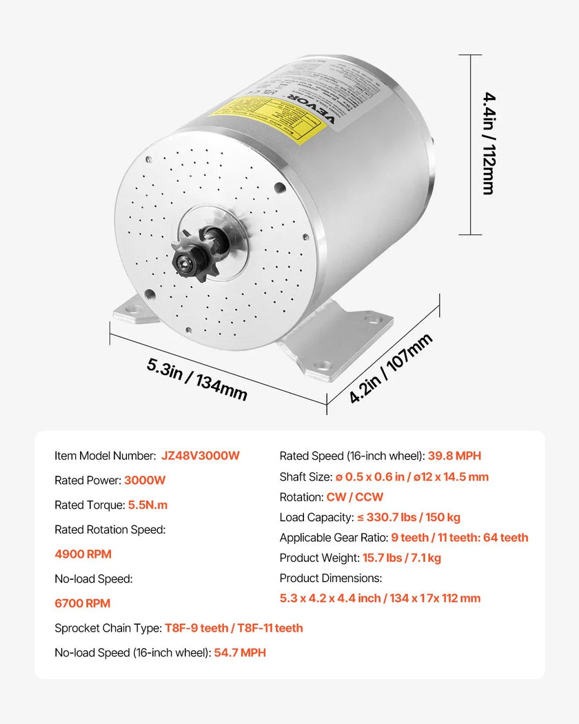 VEVOR 3000W Electric Brushless DC Motor Kit 72V 4900rpm with Speed Controller