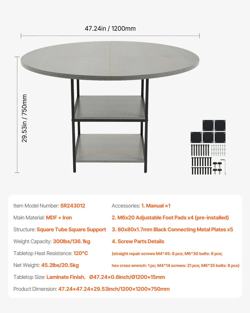VEVOR 47 in Round Dining Table Wood Kitchen Table for 2-4 Person (Only Table)