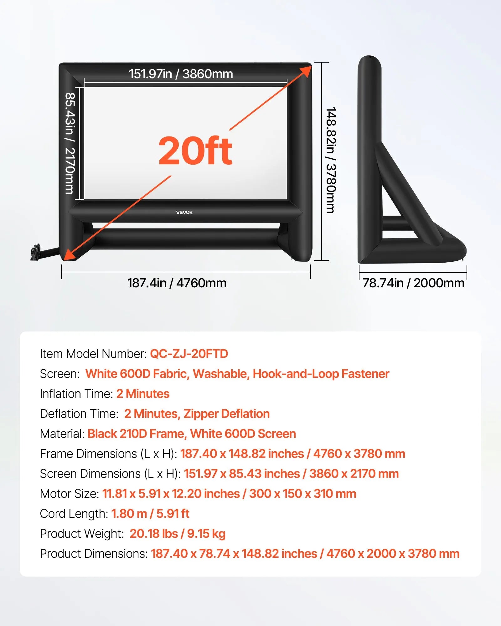 VEVOR 20 ft Inflatable Movie Screen 16:9 600D Movie Projection with Portable Bag