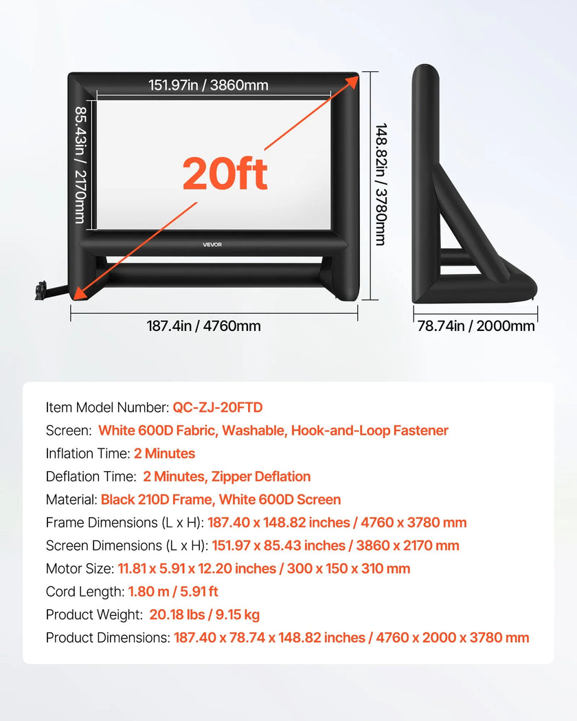 VEVOR 20 ft Inflatable Movie Screen 16:9 600D Movie Projection with Portable Bag