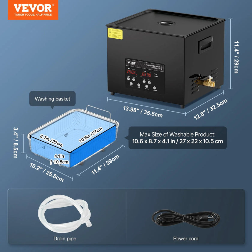 VEVOR 15L Ultrasonic Cleaner Cleaning Machine with Basket Heater and Timer 360W