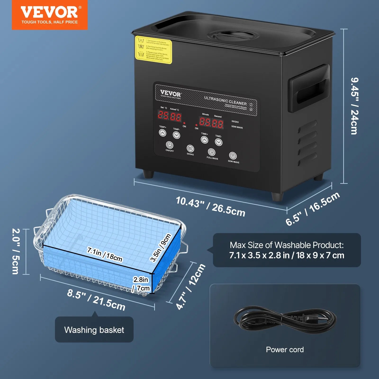 VEVOR 3L Ultra Sonic Cleaner Cleaning Machine with Basket Heater and Timer 120W
