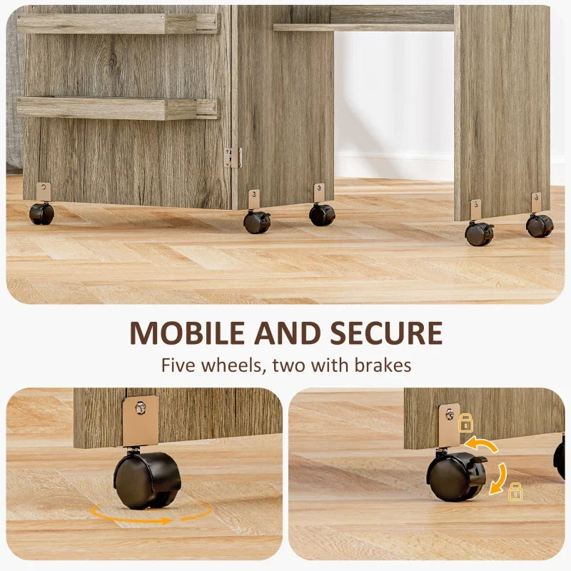 Sewing Machine Cabinet, Folding Sewing Table with Storage Shelf, Bins and Lockable Wheels for Small Space, Grey