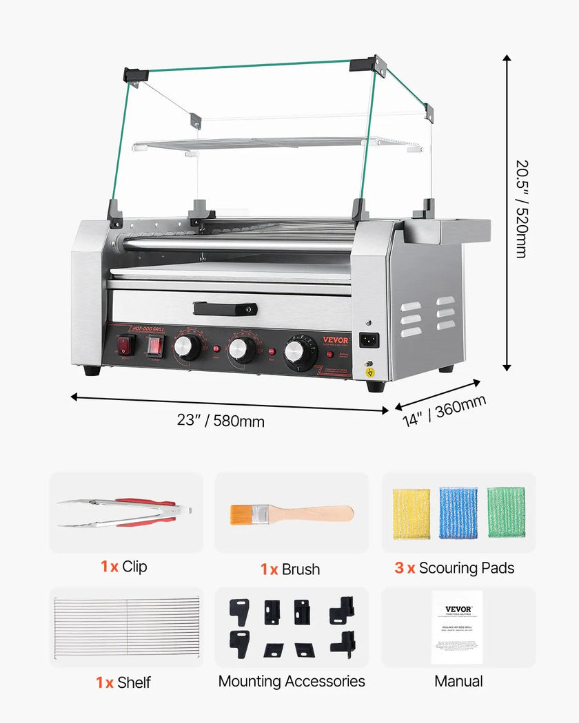 VEVOR 18 Hot Dog 7 Roller Electric Grill Cooker Machine Bun Warmer Cover 1200W