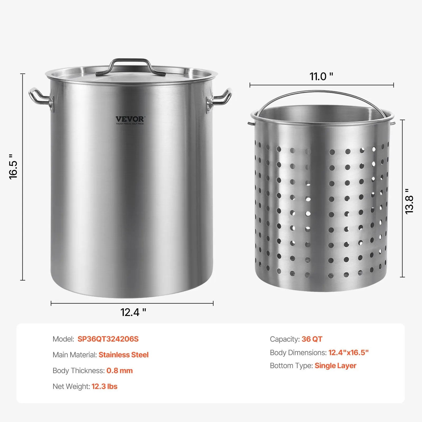 VEVOR 36QT Stainless Steel Stockpot Cooking Kitchen Sauce Pot with Basket Lid