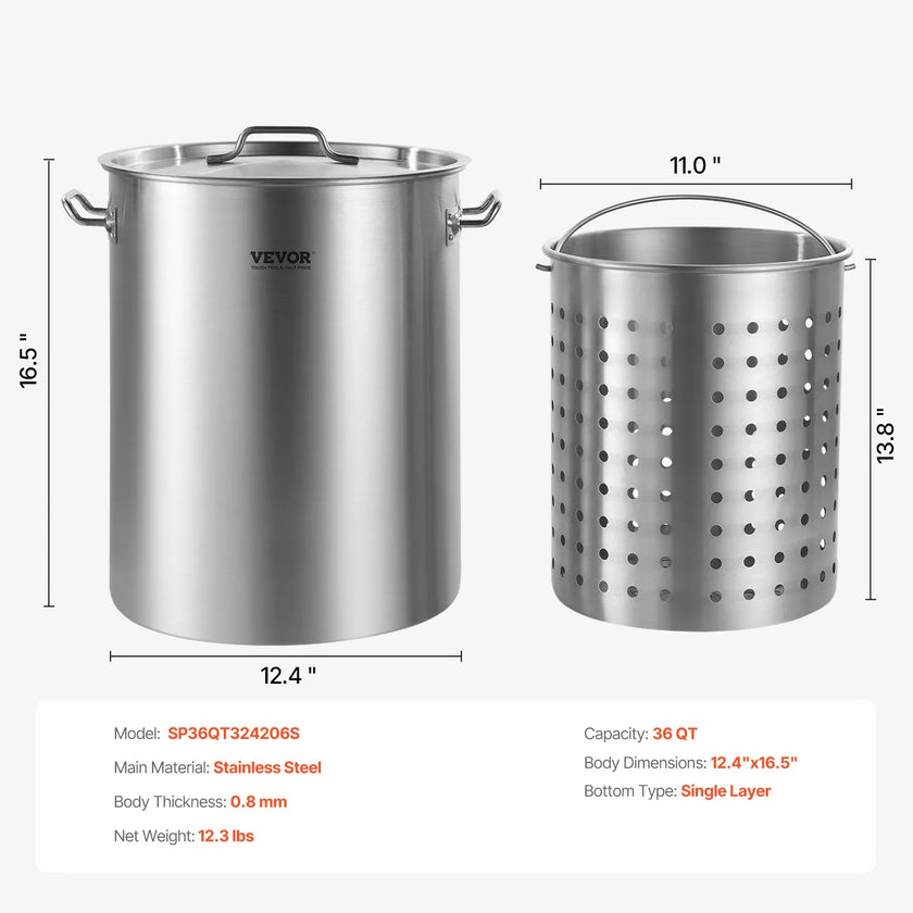 VEVOR 36QT Stainless Steel Stockpot Cooking Kitchen Sauce Pot with Basket Lid