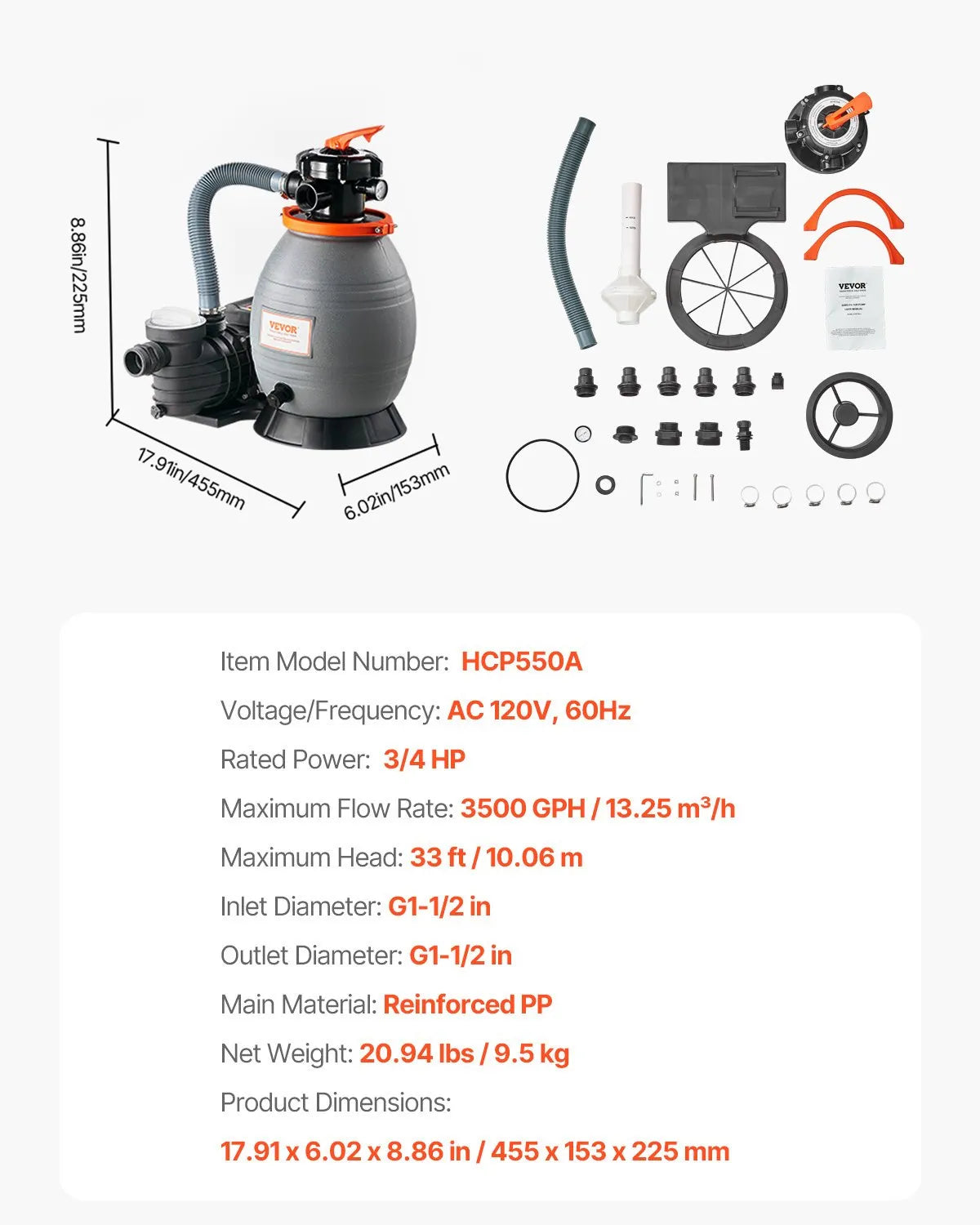VEVOR 13 in Sand Filter Pump for Above Ground Swimming Pools 3/4 HP 3500 GPH