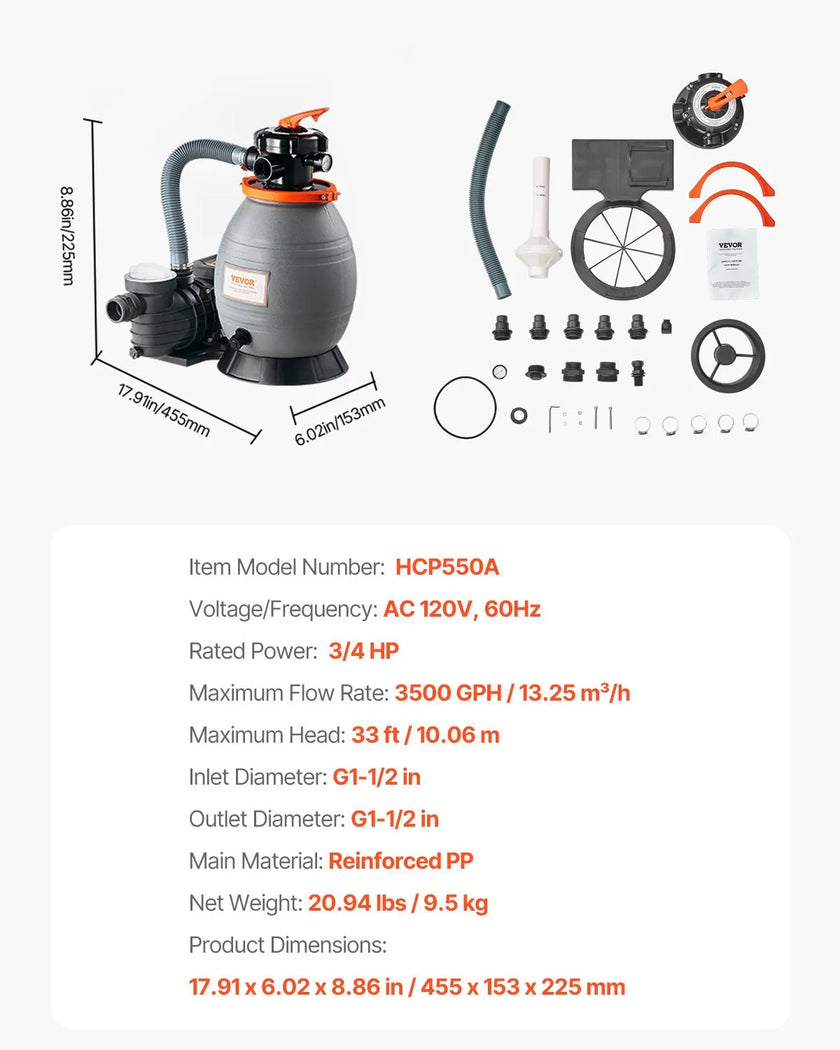 VEVOR 13 in Sand Filter Pump for Above Ground Swimming Pools 3/4 HP 3500 GPH