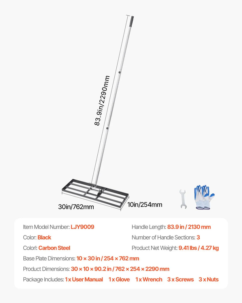 VEVOR 10x30in Lawn Leveling Rake 83.9 in Adjustable Handle for Yard Golf Court