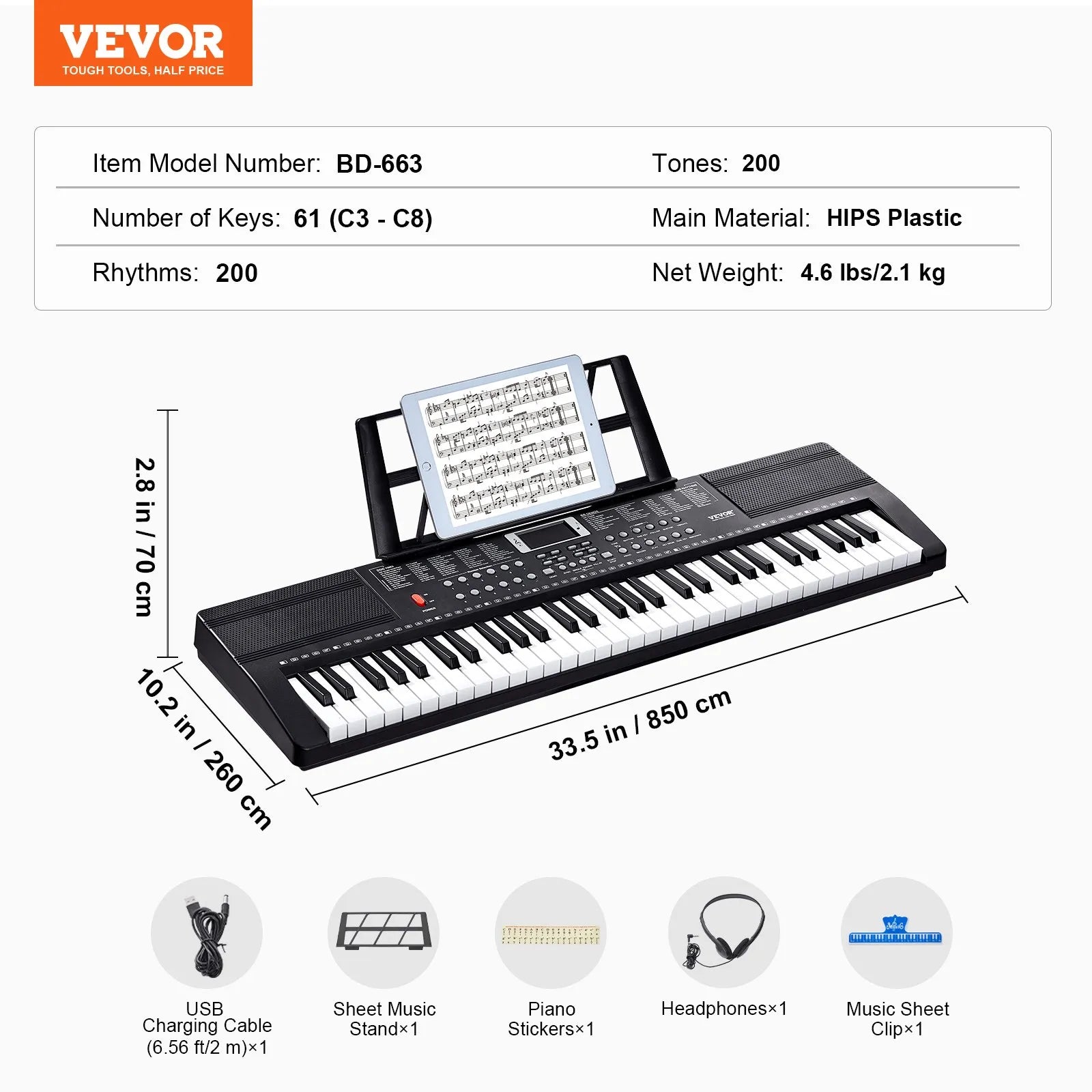 VEVOR 61 Key Digital Keyboard Piano Electric Portable 200 Tones 200 Rhythms