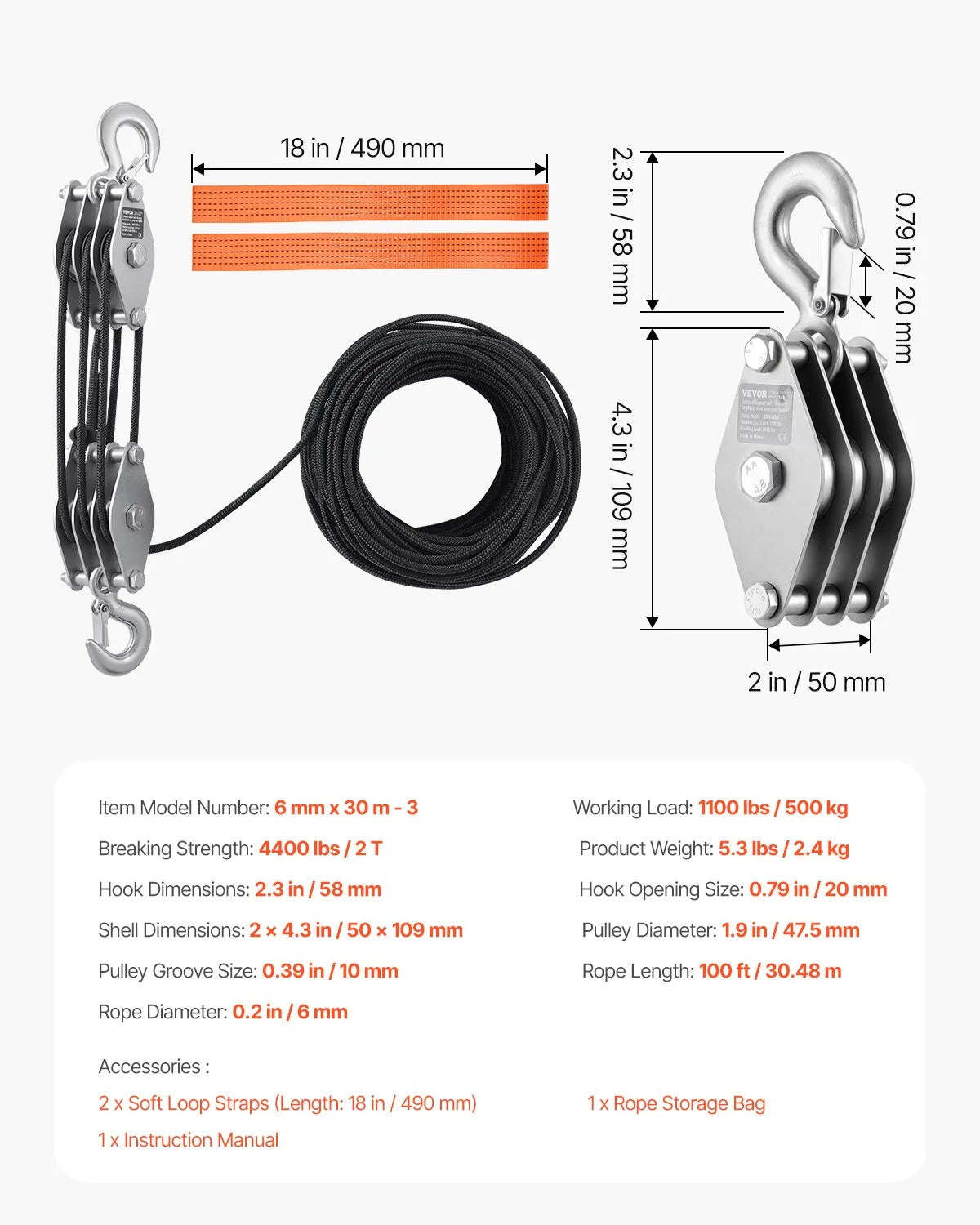 VEVOR 100 ft Rope Hoist Pulley Wheel Block and Tackle Puller 5:1 Ratio 4400 lbs