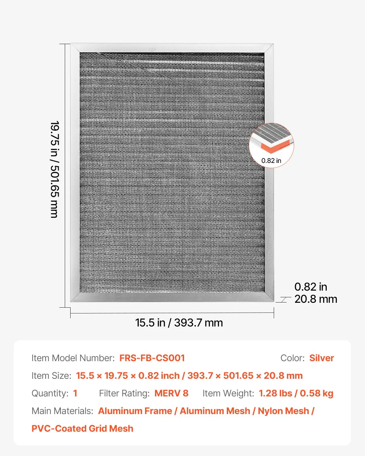 VEVOR 16x20x1 Aluminum Electrostatic Air Filter MERV 8 Actual 15.5x19.75x0.82