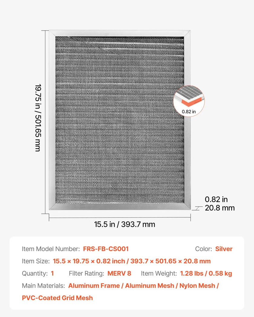 VEVOR 16x20x1 Aluminum Electrostatic Air Filter MERV 8 Actual 15.5x19.75x0.82