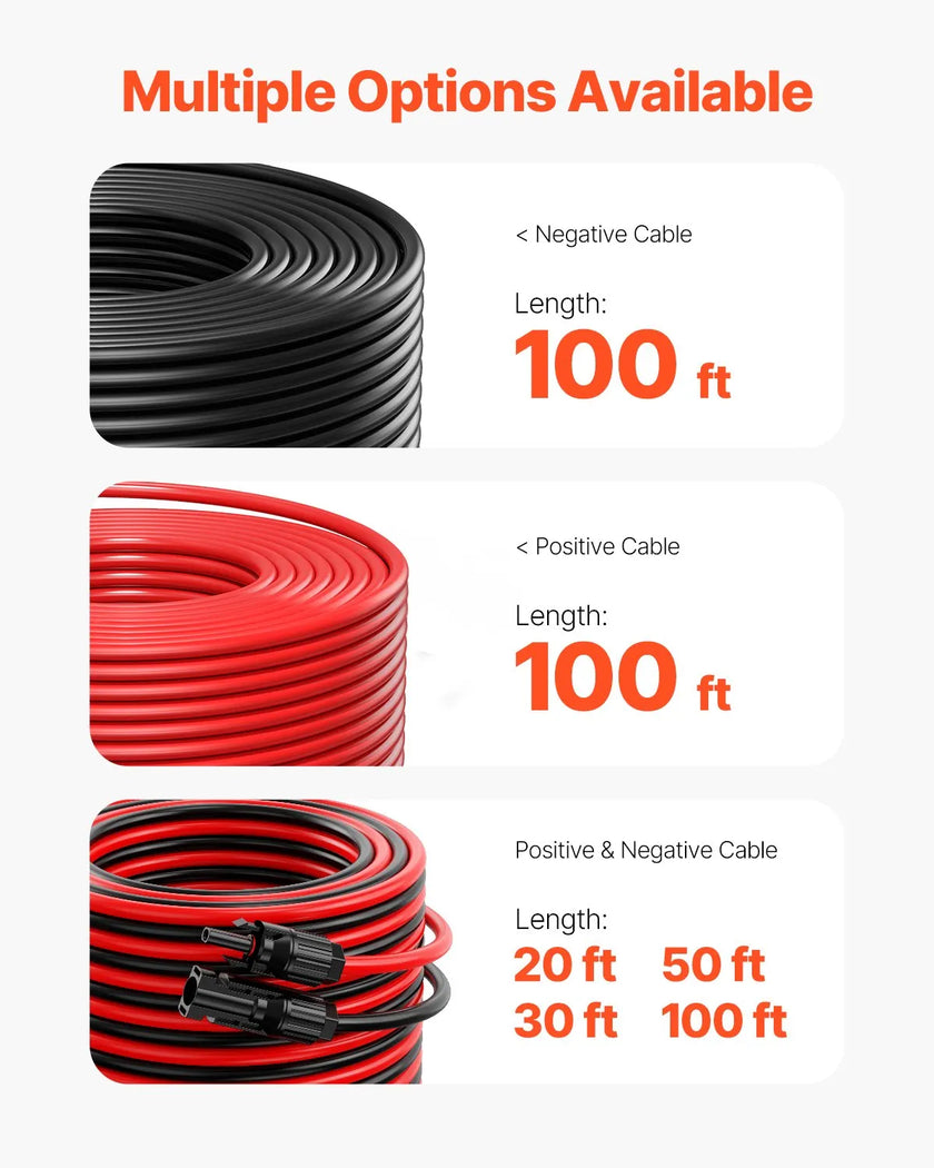 VEVOR 100FT Solar Panel Extension Wire Female & Male Connectors 10AWG Set of 2