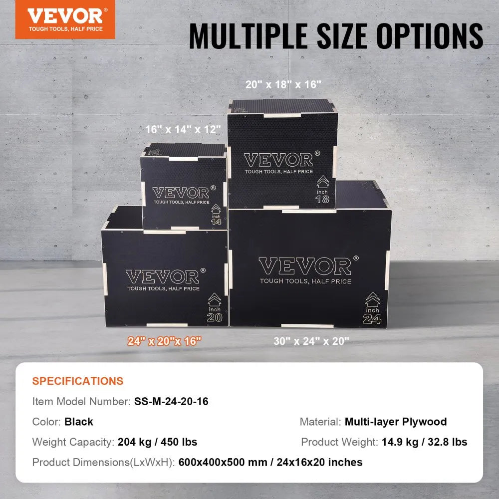VEVOR 3 in 1 Plyometric Jump Box, 24/20/16 Inch Wooden Plyo Box, Platform & Jumping Agility Box, Anti-Slip Fitness Exercise Step Up Box for Home Gym Training, Conditioning Strength Training, Black