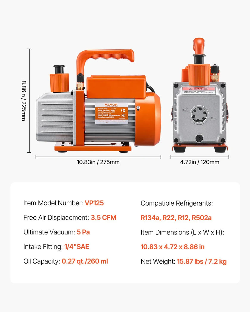 VEVOR 3.5 CFM HVAC Single Stage Rotary Vane Vacuum Pump and Manifold Gauge Kit