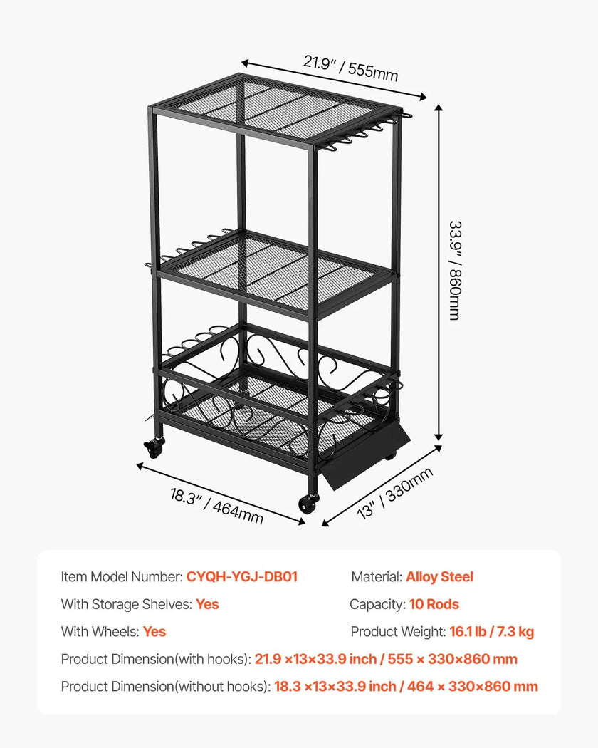 VEVOR 10 Pole Fishing Rod Holder Fishing Rack Cart Organizer for Garage Wheels