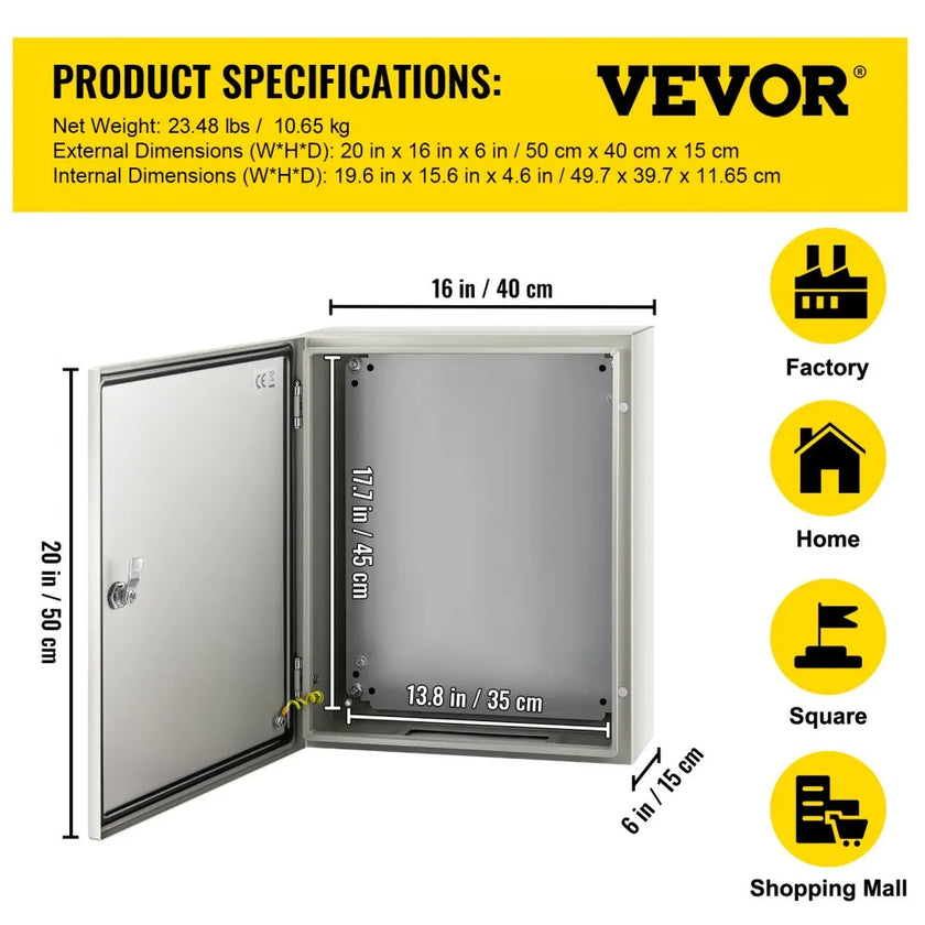 VEVOR NEMA Steel Enclosure, 20 x 16 x 6'' NEMA 4X Steel Electrical Box, IP66 Waterproof & Dustproof, Outdoor/Indoor Electrical Junction Box, with Mounting Plate