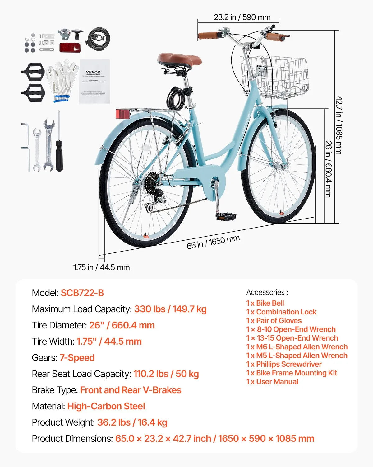 VEVOR 26-Inch Cruiser Bike 7-Speed Light Blue Beach Cruiser Bike with Basket