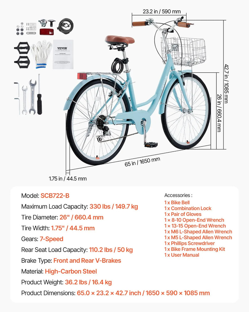 VEVOR 26-Inch Cruiser Bike 7-Speed Light Blue Beach Cruiser Bike with Basket