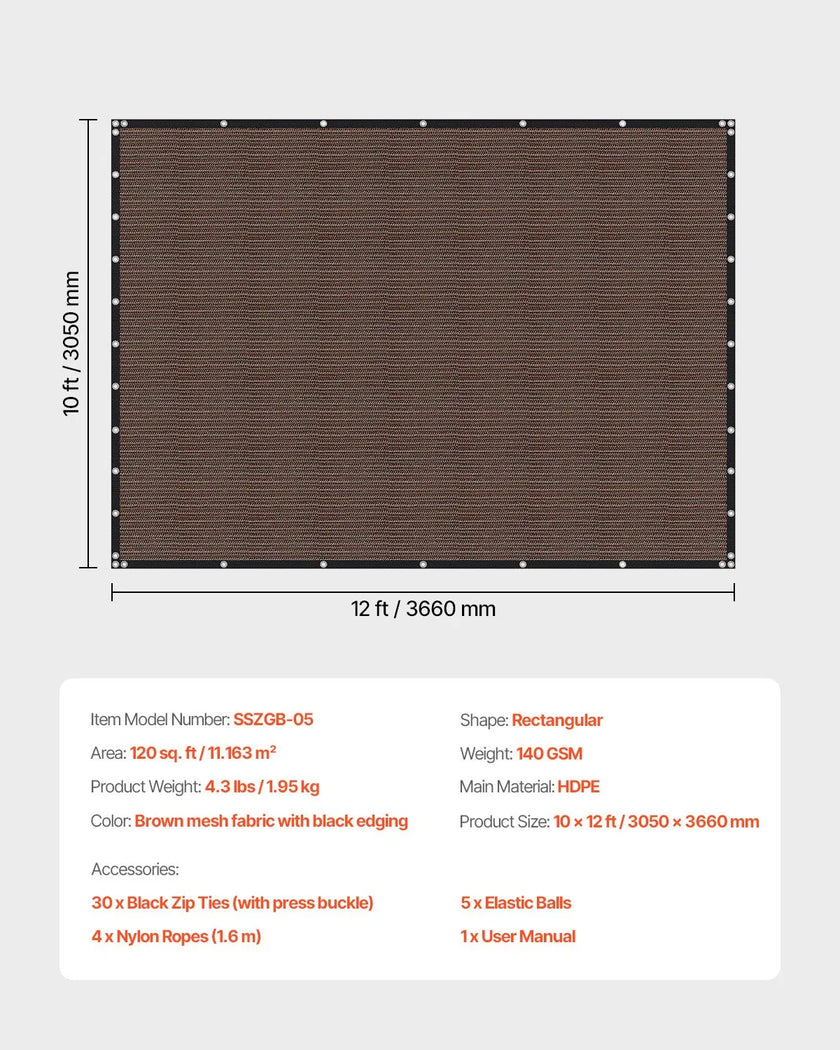 VEVOR 90% Sun Shade Cloth Privacy Screen 10 x 12 ft for Patio Garden (Brown)