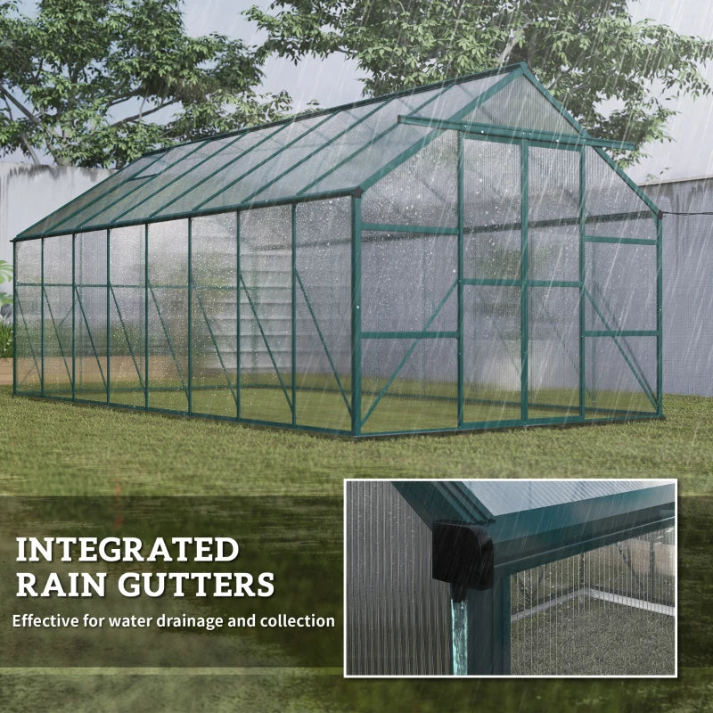 16' x 8' Aluminum Polycarbonate Greenhouse Walk-in Garden Greenhouse Kit with Adjustable Roof Vent, Rain Gutter and Sliding Door for Winter, Green