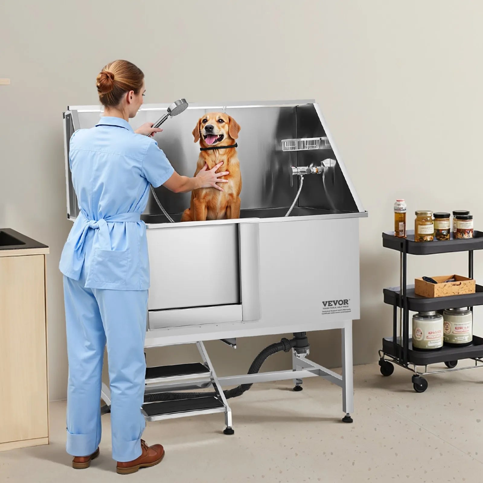 VEVOR 50 Inch Dog Grooming Bath Tub Stainless Steel w Stairs Water Filter Left