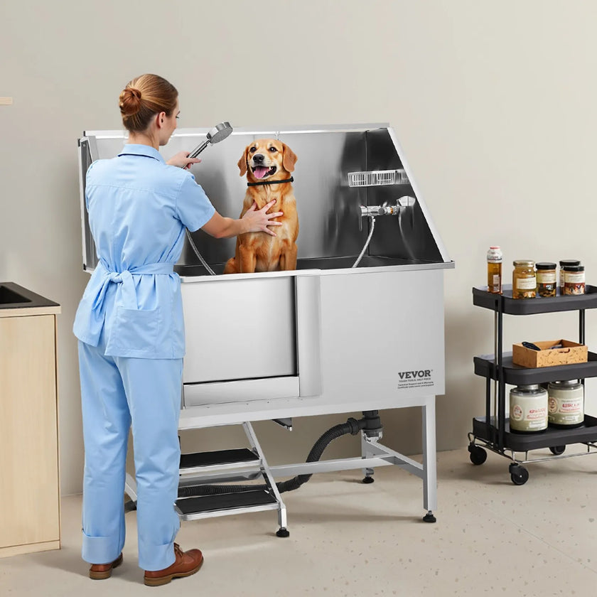 VEVOR 50 Inch Dog Grooming Bath Tub Stainless Steel w Stairs Water Filter Left
