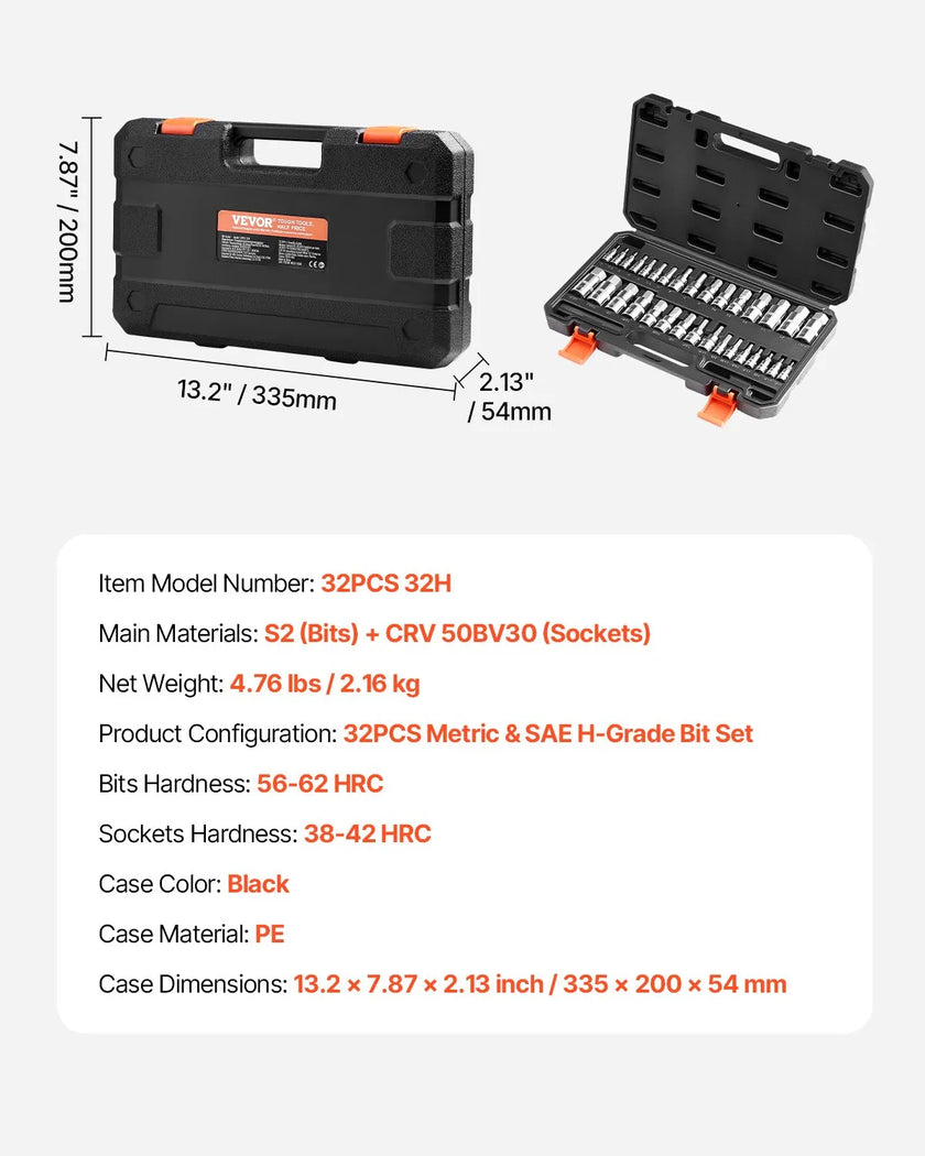 Hex Bit Socket Set 32-Piece S2 Alloy Steel Cr-V Steel Standard SAE and Metric