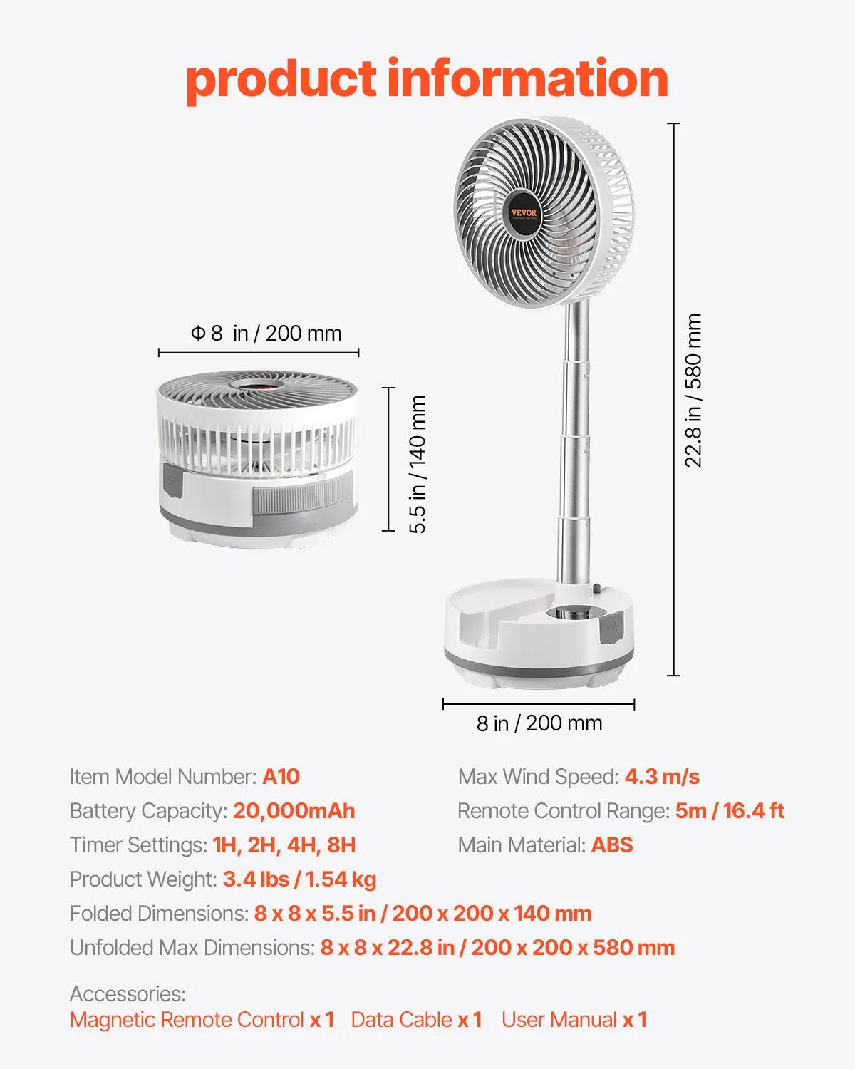 VEVOR 8 inch Foldable Rechargeable Oscillating Fan 3 in 1 Remote 8 Speeds