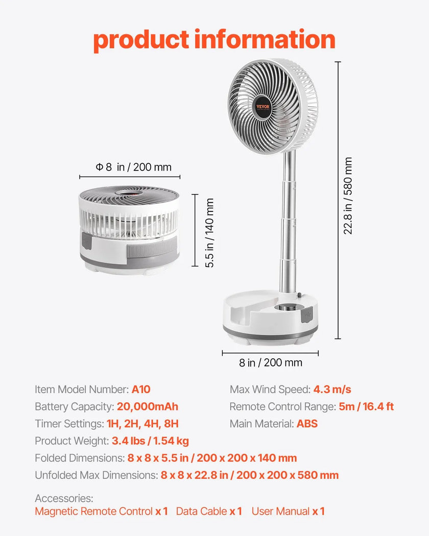 VEVOR 8 inch Foldable Rechargeable Oscillating Fan 3 in 1 Remote 8 Speeds