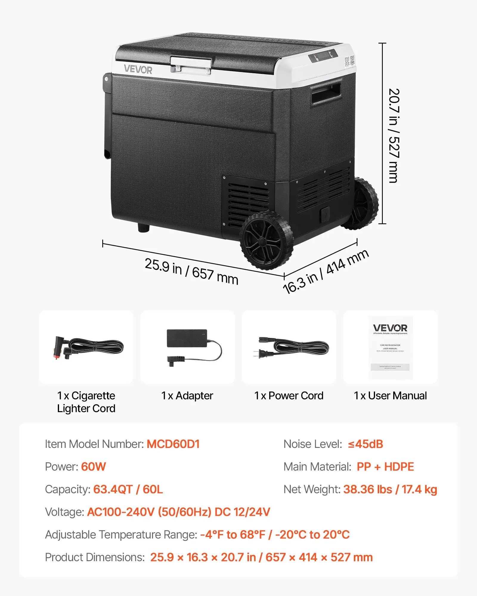 VEVOR 12V Car Refrigerator Portable Freezer 63.4QT Electric Cooler for Camping
