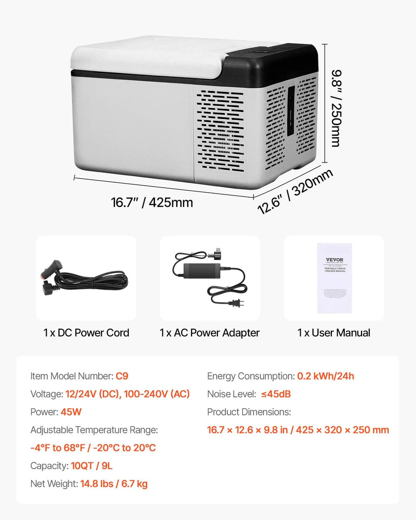 VEVOR 12 Volt Car Refrigerator Portable Freezer 10Qt Camping Compressor Cooler