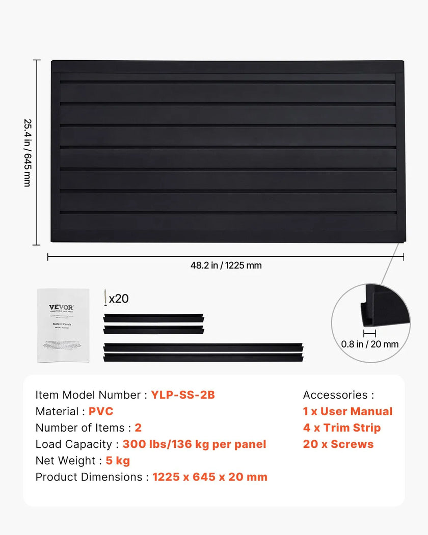 VEVOR 2 x 4 ft Slat Wall Paneling PVC Black Garage Slatwall with Modular Design