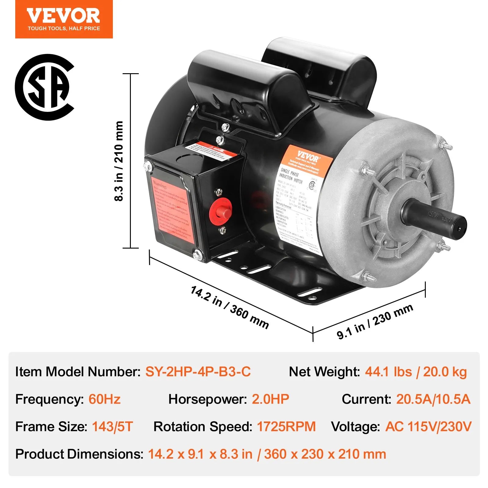 VEVOR 2HP Electric Motor 1725RPM AC115/230V 143/5T Frame 1-Phase 7/8