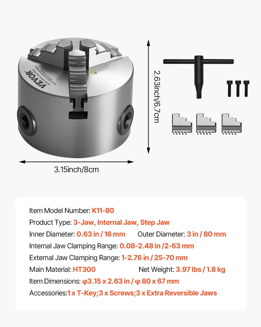 VEVOR 3 Inch 3-Jaw Self-Centering Lathe Chuck for Lathe Drilling Milling Machine
