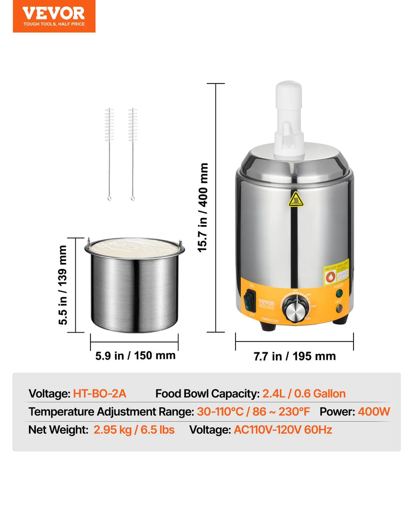 VEVOR 2.4L Electric Cheese Dispenser with Pump Commercial Hot Fudge Warmer