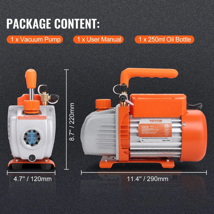 VEVOR 1/5 HP Single Stage Vacuum Pump, 3.5 CFM, 120V AC Air Conditioning Conditioner Vacuum Pump, 1/4