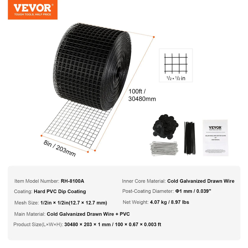 VEVOR 8 inch x 100ft Solar Panel Bird Guard, Critter Guard Roll Kit with 70pcs Stainless Steel Fasteners, Solar Panel Guard with Rust-proof PVC Coating, 1/2 inch Wire Roll Mesh