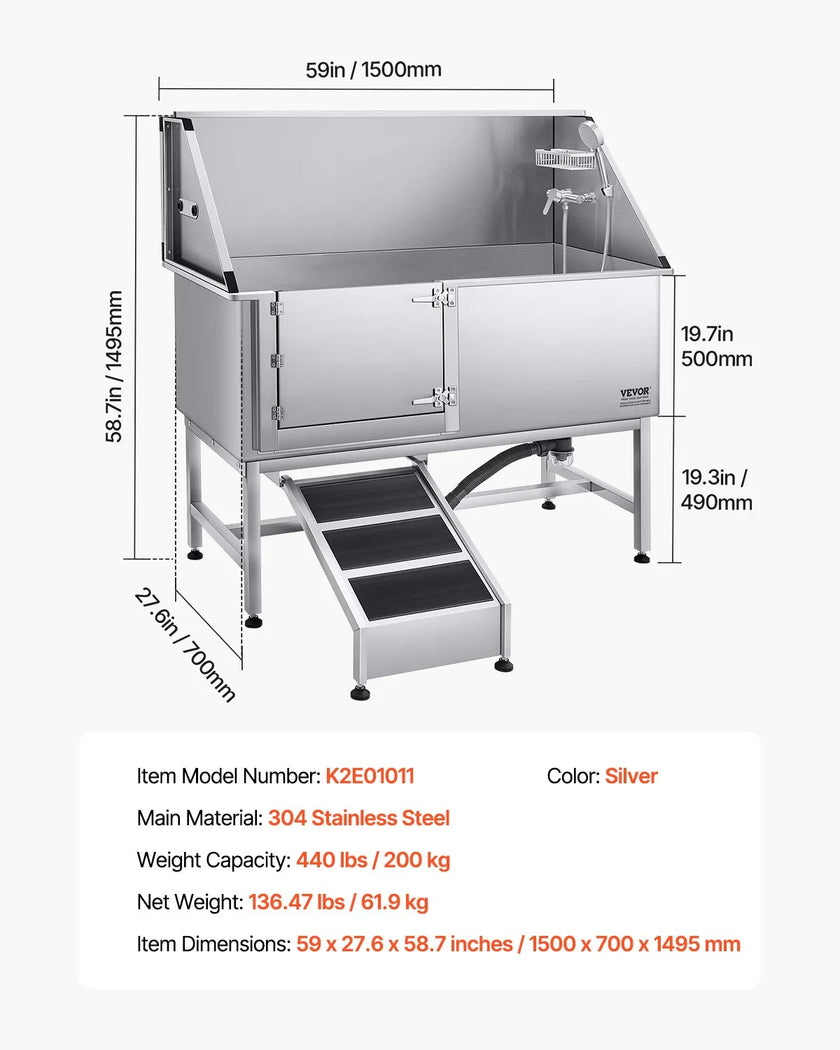 VEVOR 62 Inch Dog Grooming Bath Tub Stainless Steel w Ramp Water Filter Left