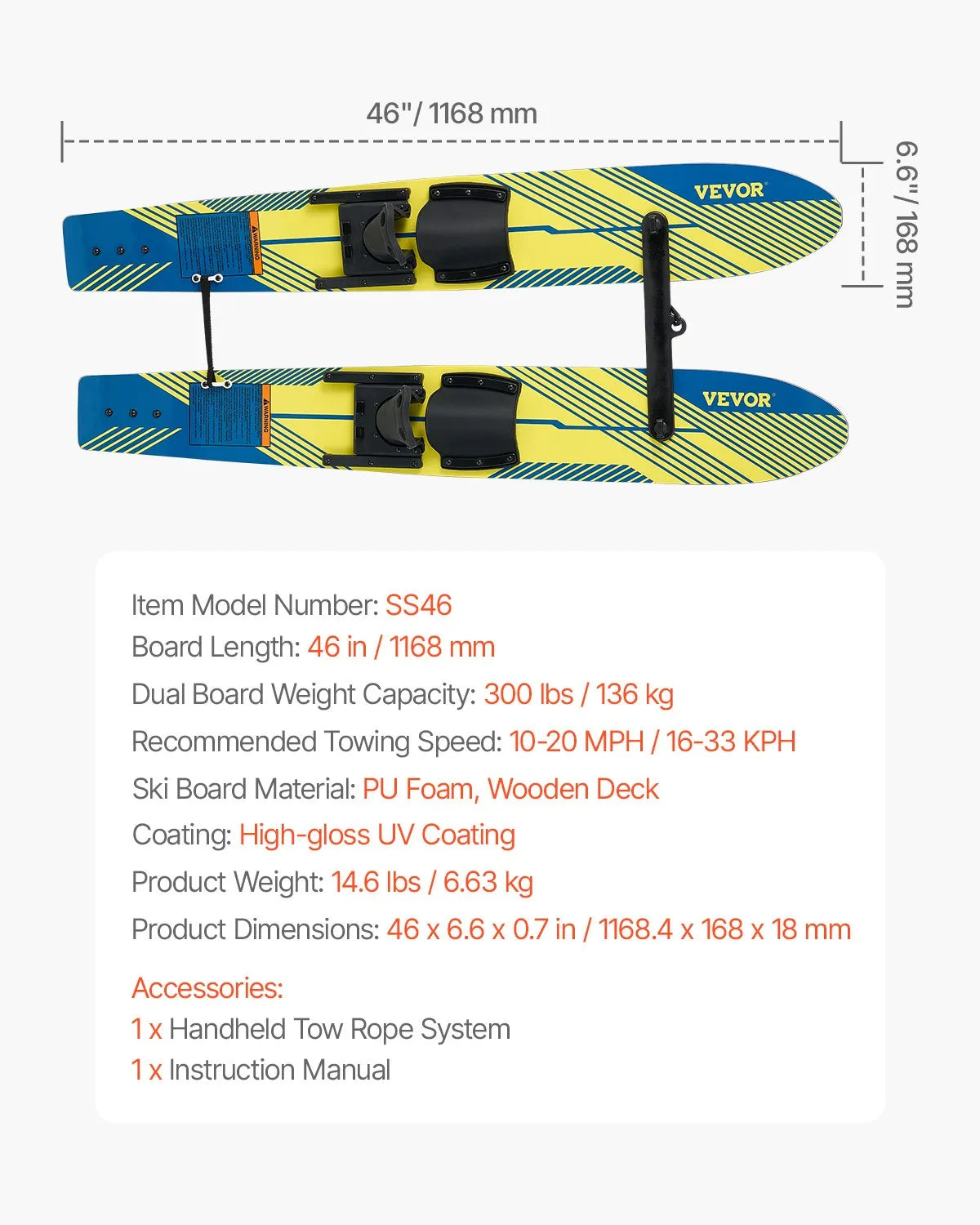 VEVOR 46-inch Water Skis Combo Training Water Skis with X-7 Adjustable Bindings