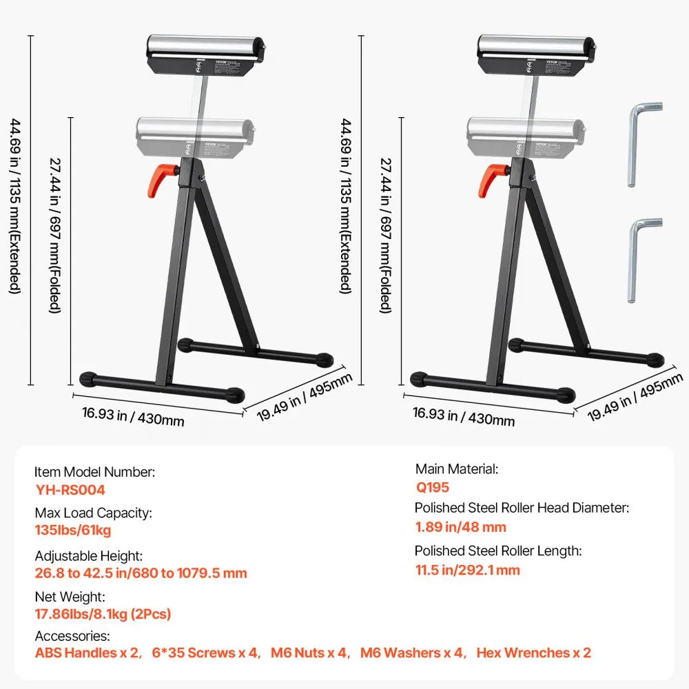 VEVOR 2 PCs Woodworking Roller Stands Max Load 135 lb Adjustable 26.8-42.5 in